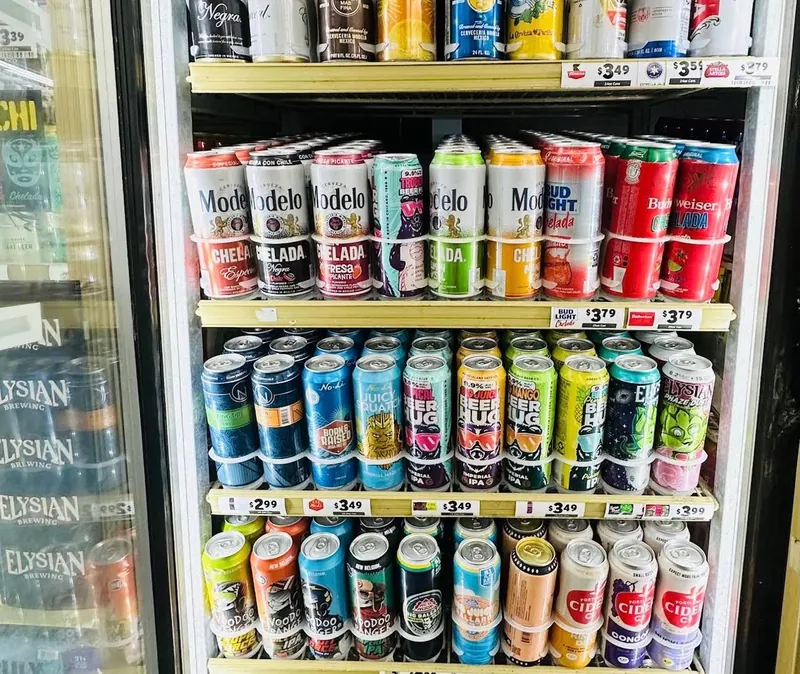 Cold beer, cider and michelada cans in the Midland Food Center cooler