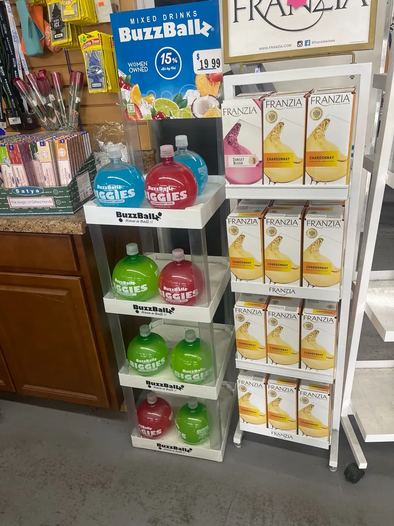 Colorful ready-to-drink beverages and wine selection inside Midland Food Center